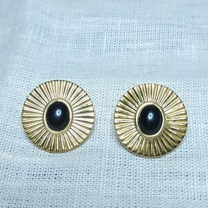 Vintage Sunburst Earrings Pierced Post Black Cabochon Modernist Brutalist 1"